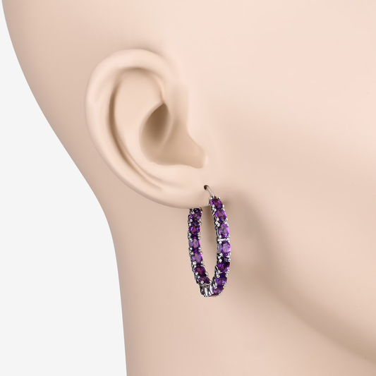 30 Amethysts Hoop Earrings in .925 Sterling Silver 
