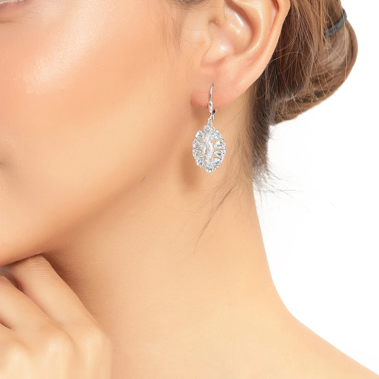 Aquamarine and White Topaz Cluster Earrings in .925 Sterling Silver 
