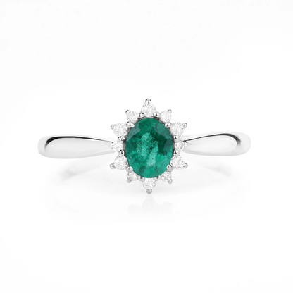 Zambian Emerald and 12 White Diamonds Halo Engagement Ring in 14K White Gold 