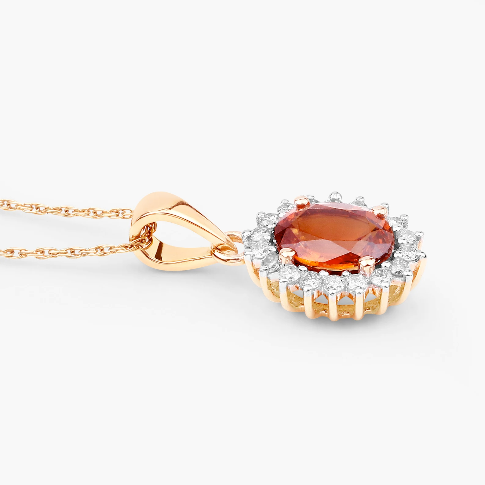 Halo Oval Spessartite Garnet and 18 Round White Diamonds in 14K Yellow Gold 