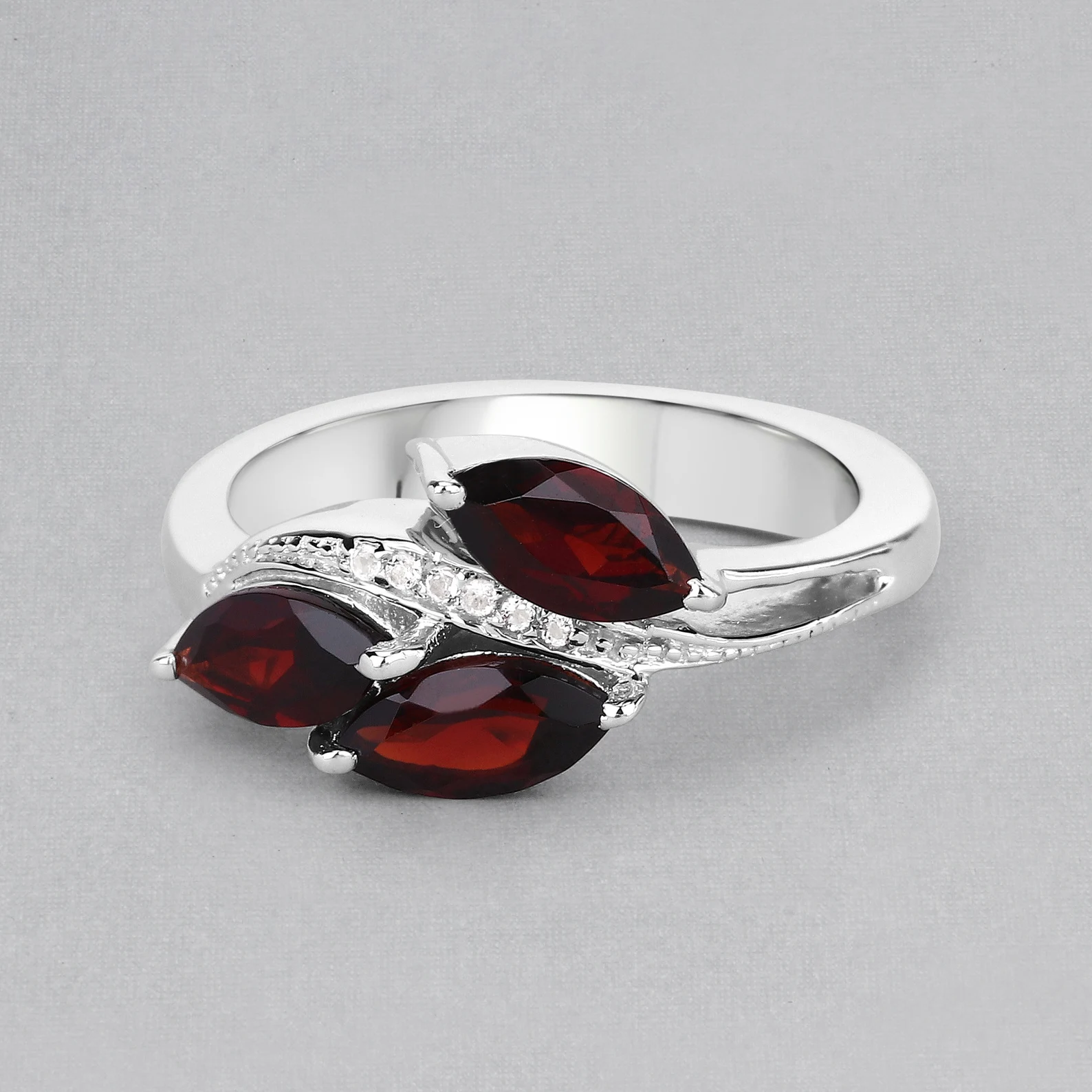 Garnet and White Topaz 3 Stone Ring in .925 Sterling Silver 