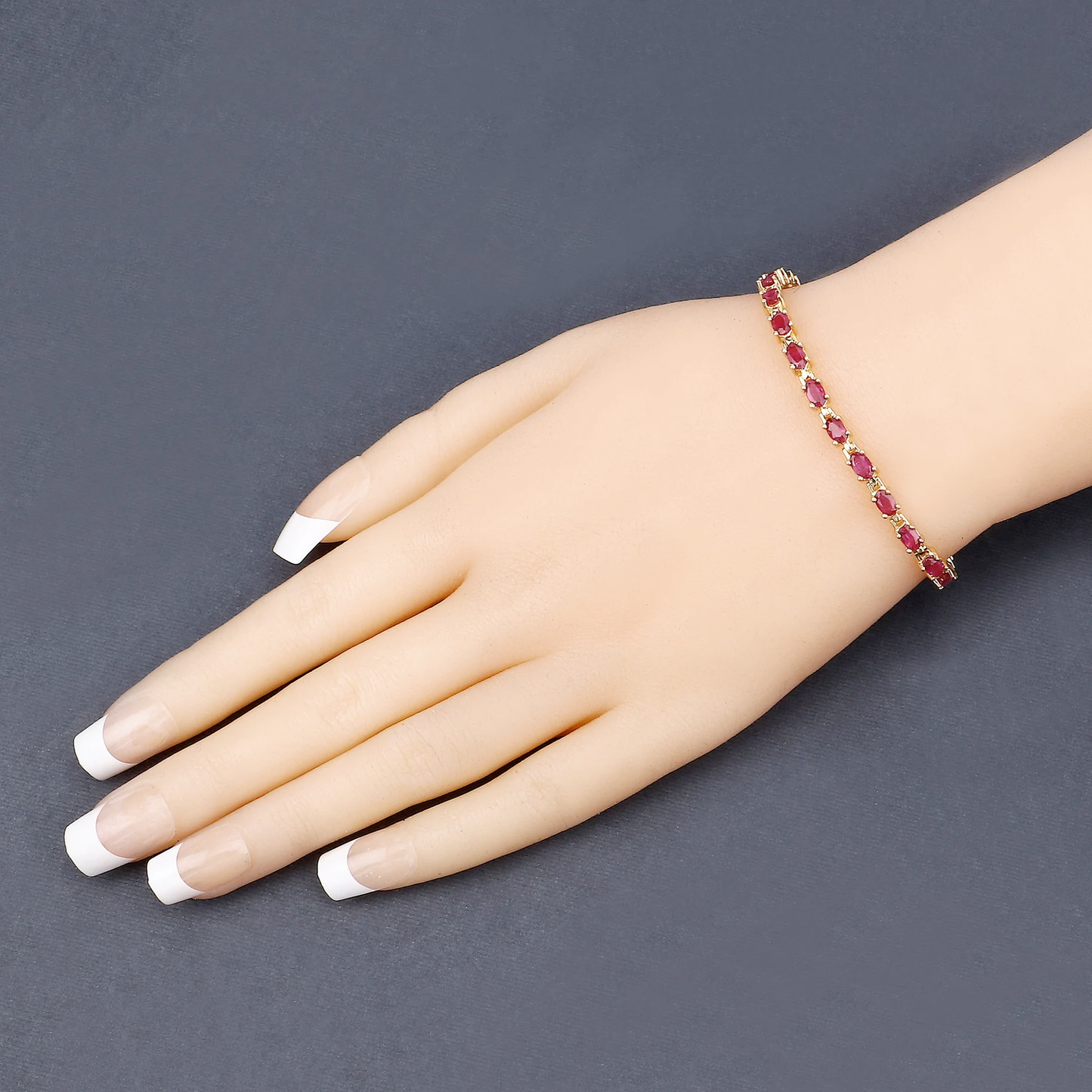 14K Yellow Gold Plated 7.00 Carat Glass Filled Ruby .925 Sterling Silver Bracelet 