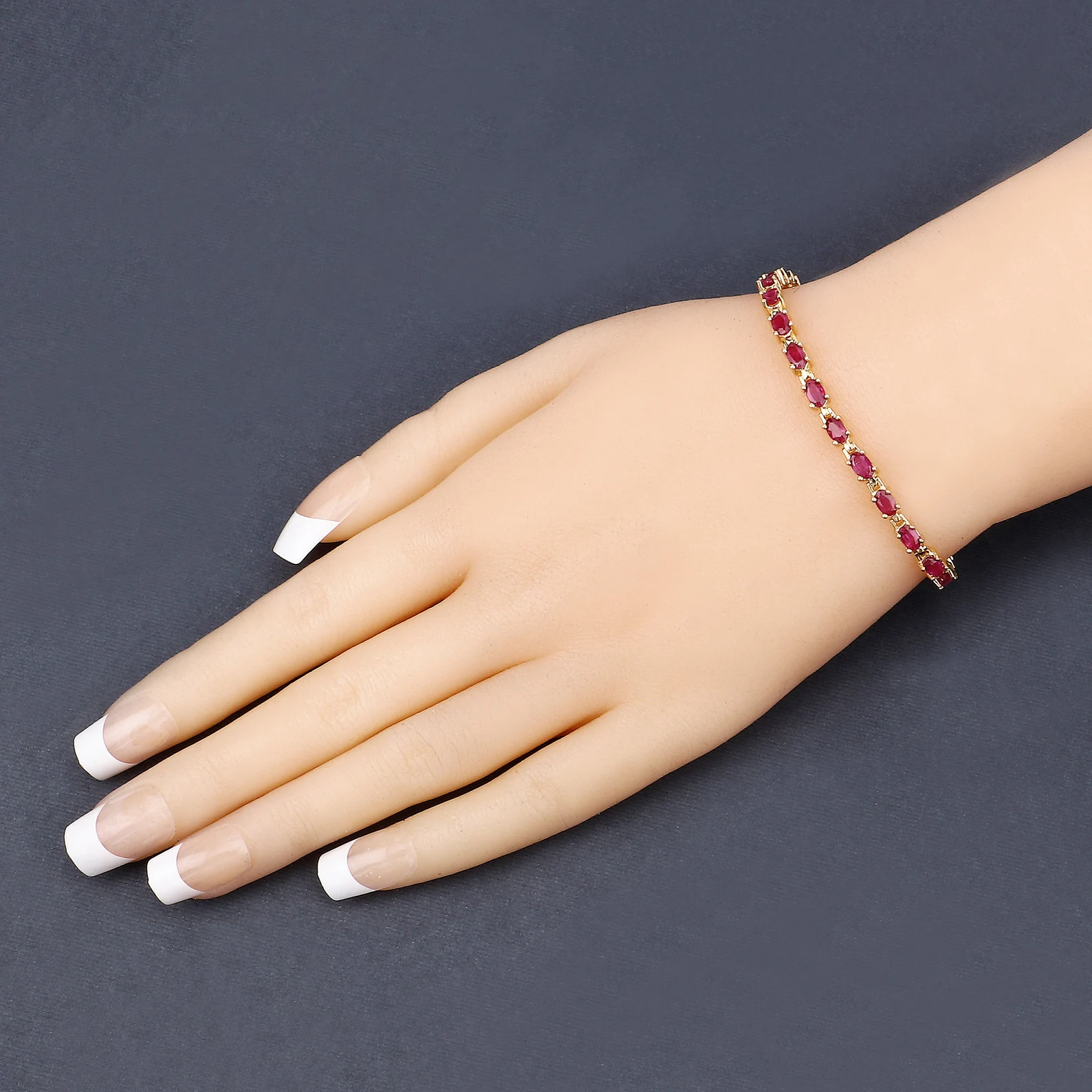 14K Yellow Gold Plated 7.00 Carat Glass Filled Ruby .925 Sterling Silver Bracelet 