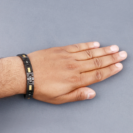 Black Mens Titanium Bracelet with Gold Plated Steel Inlay and Green Sapphire 