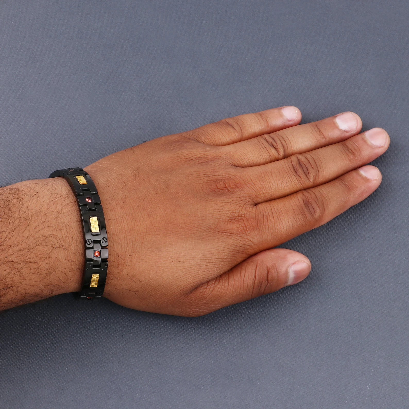 Black Mens Titanium Bracelet with Gold Plated Steel Inlay and Orange Sapphire 