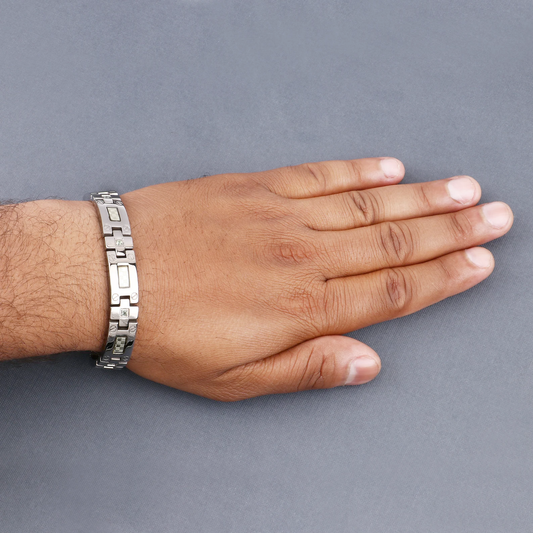Mens Titanium Bracelet with Silver Plated Steel Inlay and Green Sapphire 