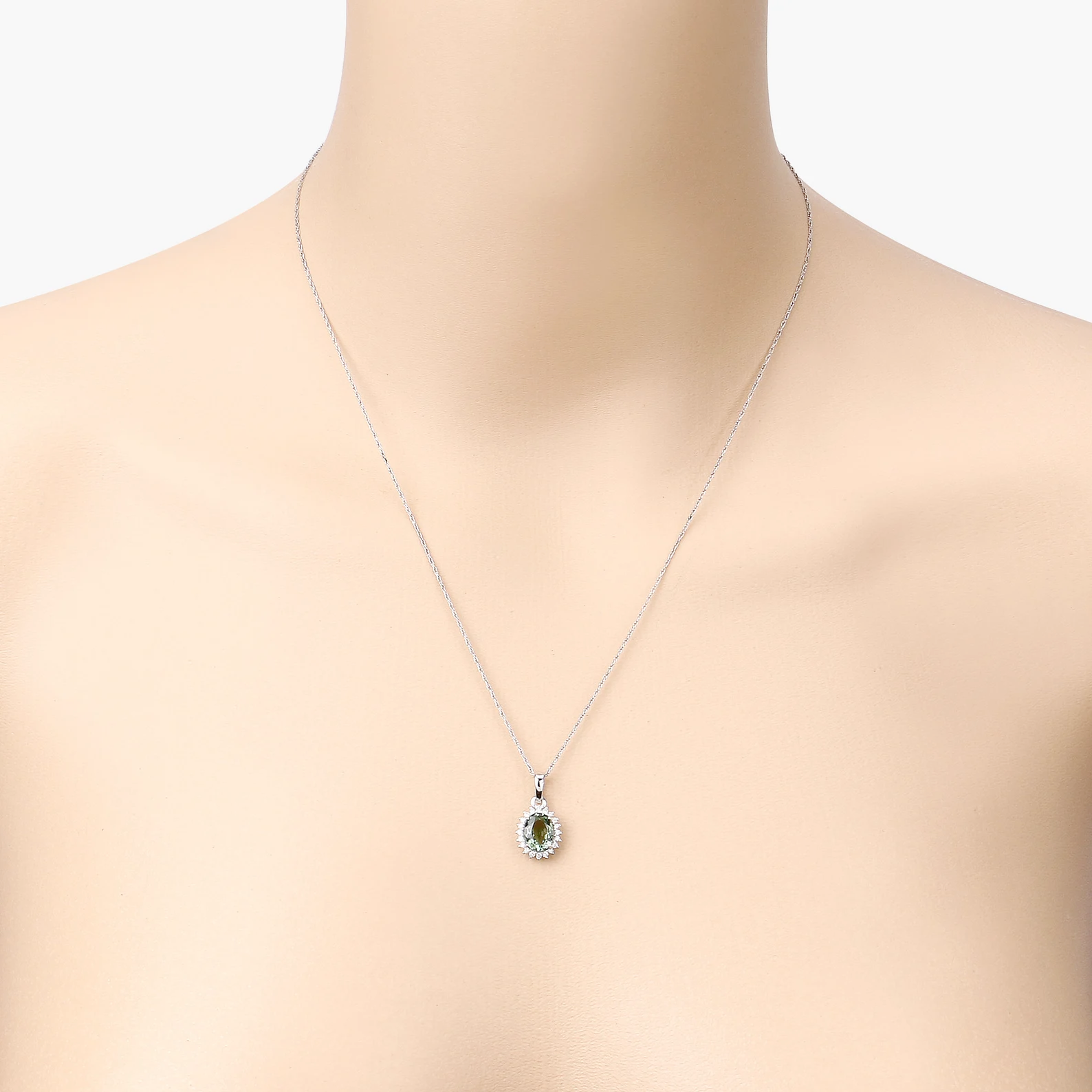 Halo Green Tourmaline and 20 White Diamonds Pendant in 14K White Gold 