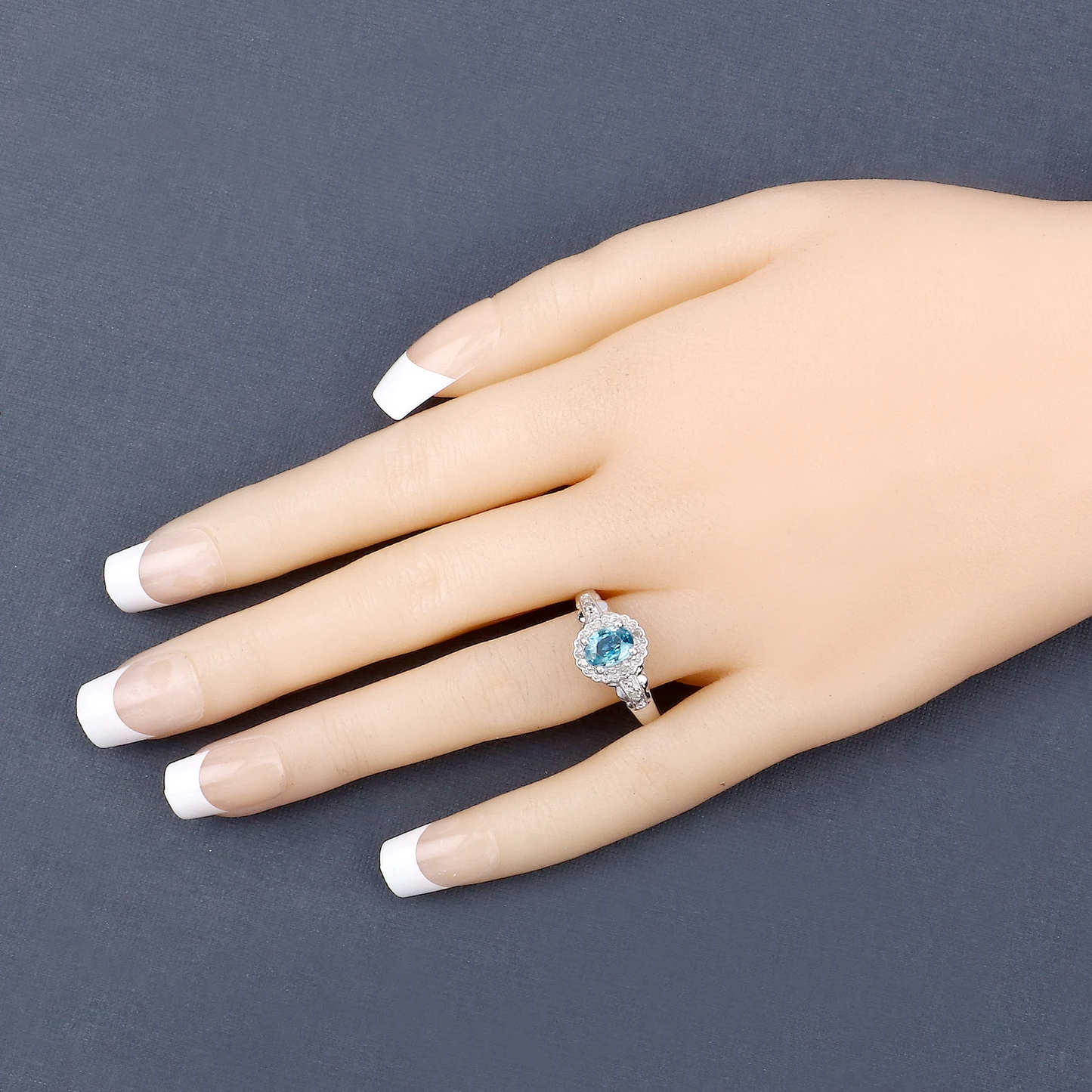 Blue Zircon and 6 White Diamonds Cocktail Ring in .925 Sterling Silver 