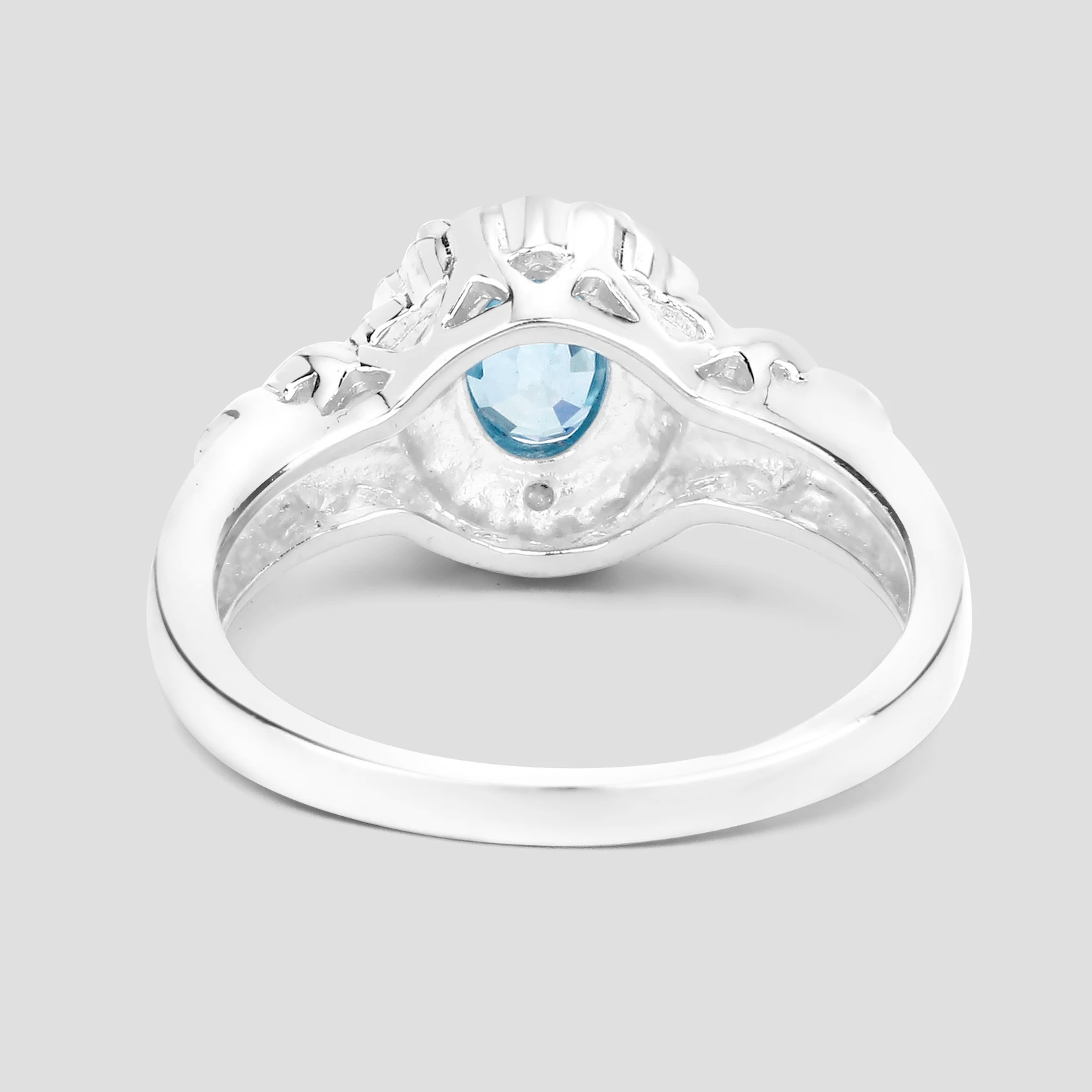 Blue Zircon and 6 White Diamonds Cocktail Ring in .925 Sterling Silver 