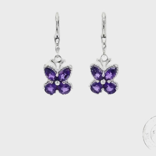 Amethyst Dangle Butterfly Earrings in .925 Sterling Silver