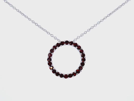 Round 24 Garnet Stones Pendant in Rhodium Plated .925 Sterling Silver