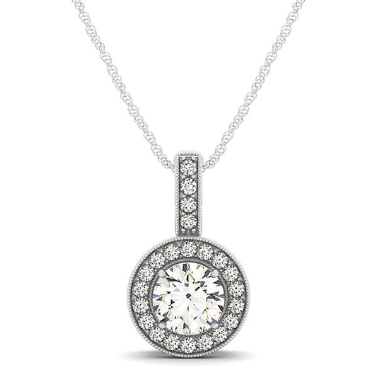 Milgrain Edge Diamond Halo Pendant in 14k White Gold (5/8 cttw) 
