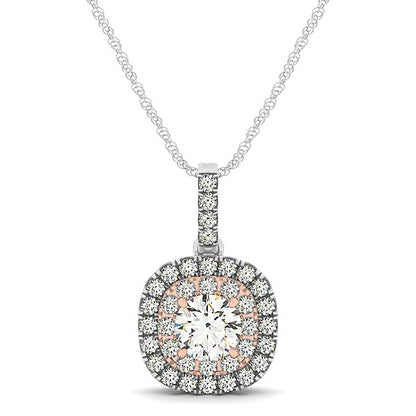 14k White And Rose Gold Cushion Shape Halo Diamond Pendant (1/2 cttw) 