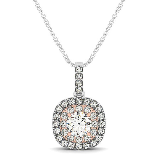 14k White And Rose Gold Cushion Shape Halo Diamond Pendant (1/2 cttw) 