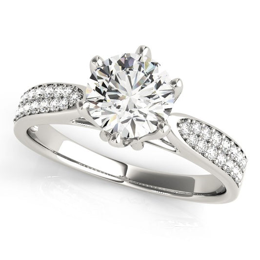 Six Prong 14k White Gold Diamond Engagement Ring with Pave Band (1 5/8 cttw) 