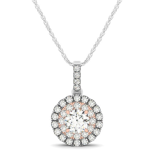 Round Shape Halo Diamond Pendant in 14k White and Rose Gold (1/2 cttw) 