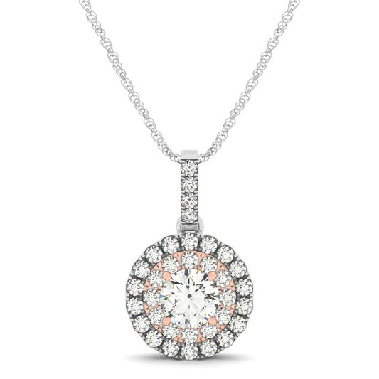 Round Shape Halo Diamond Pendant in 14k White and Rose Gold (1/2 cttw) 