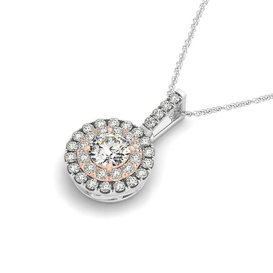 Round Shape Halo Diamond Pendant in 14k White and Rose Gold (1/2 cttw) 